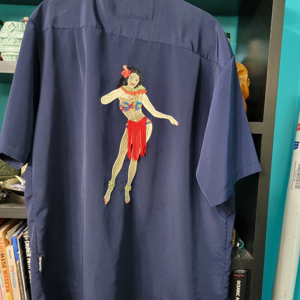 Hard Rock Embroidered shirt XL blue Dragonfly Hula girl fringe Free shipping New